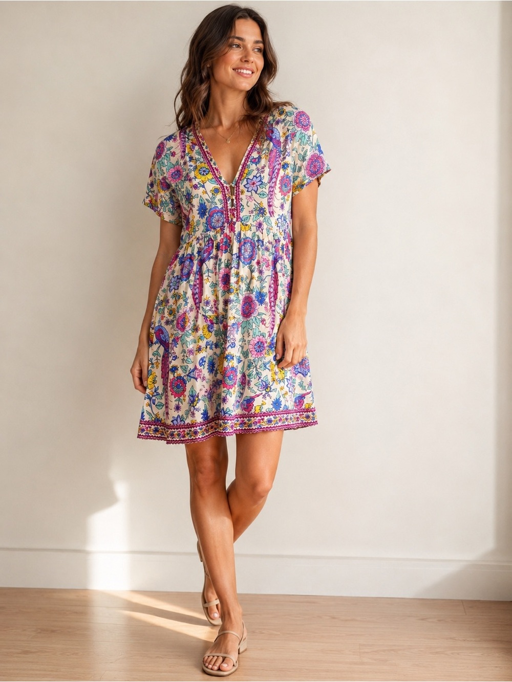 R.Vivimos Women's Short Sleeve Floral Print V Neck Cotton Tunic Dress Boho